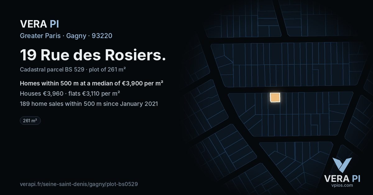 19 Rue des Rosiers, Gagny at night – the plot lit, the parcels around coloured by the prices near them