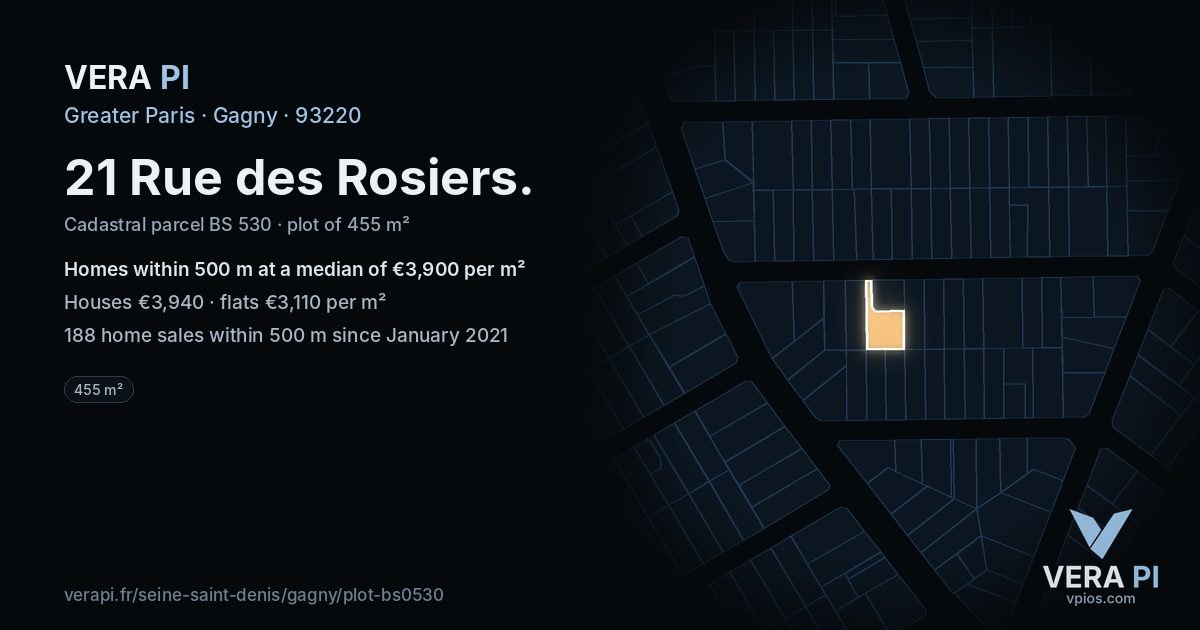 21 Rue des Rosiers, Gagny at night – the plot lit, the parcels around coloured by the prices near them