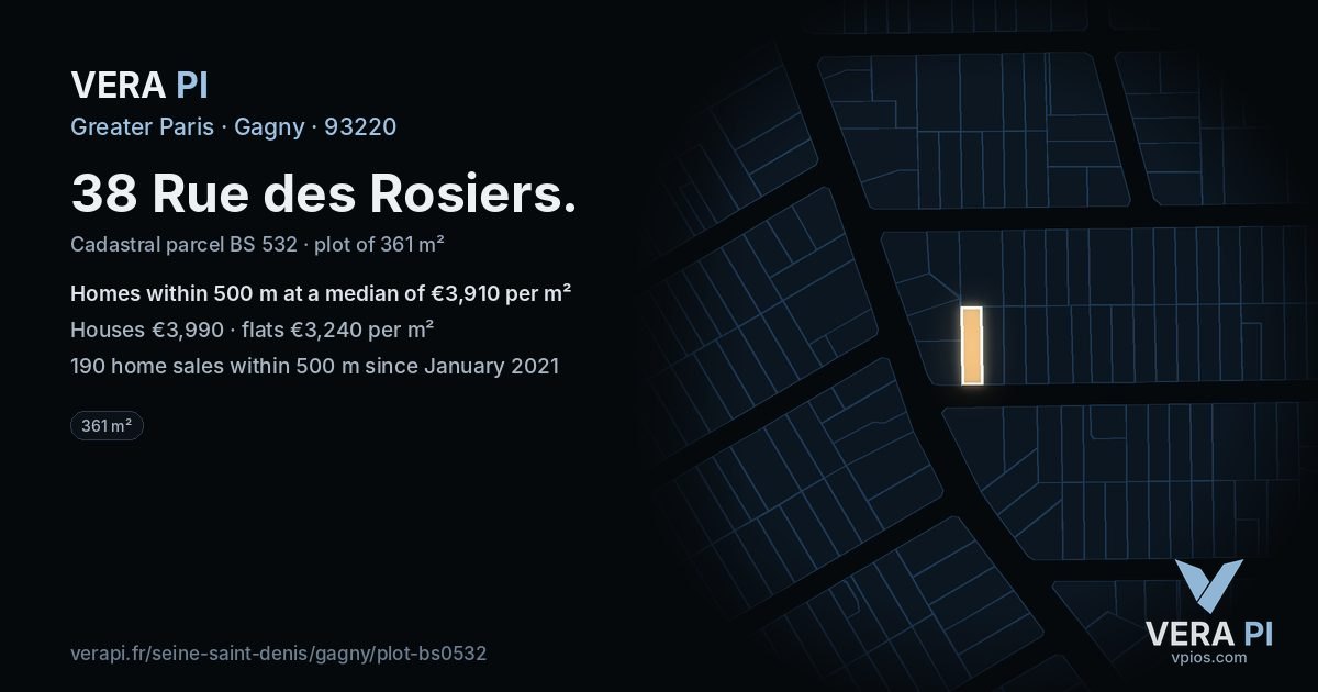 38 Rue des Rosiers, Gagny at night – the plot lit, the parcels around coloured by the prices near them