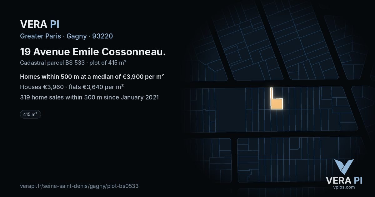 19 Avenue Emile Cossonneau, Gagny at night – the plot lit, the parcels around coloured by the prices near them