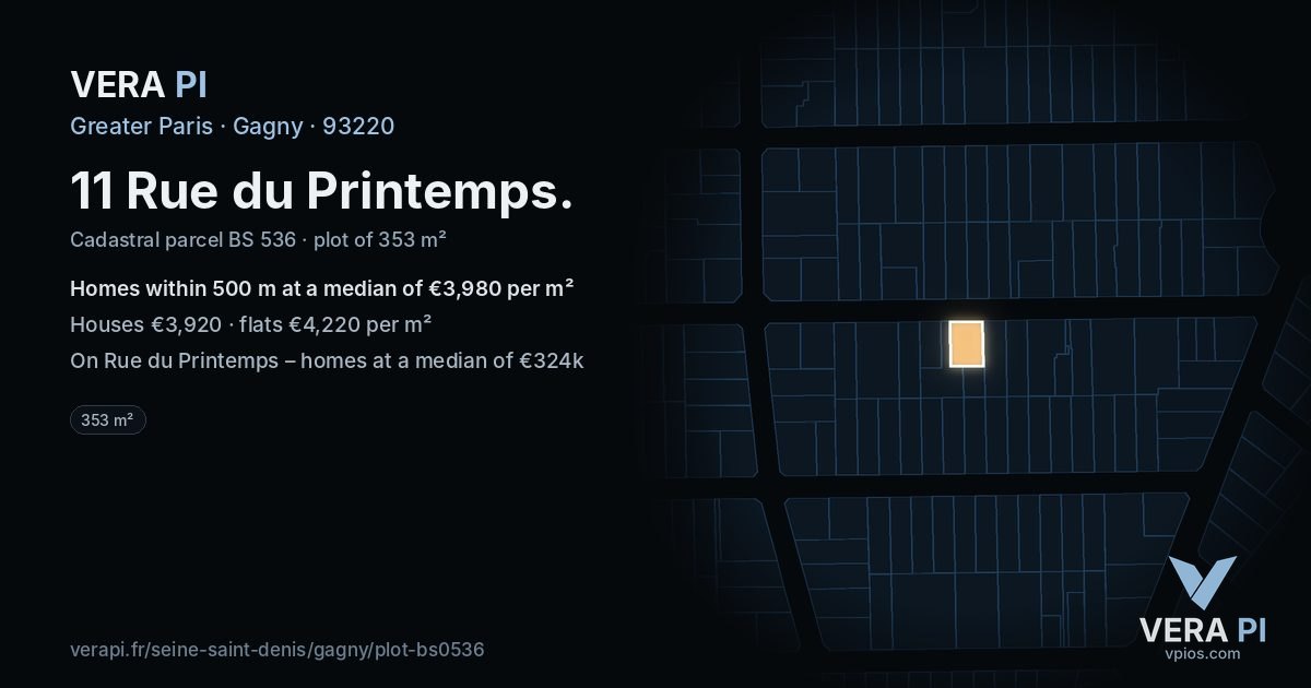 11 Rue du Printemps, Gagny at night – the plot lit, the parcels around coloured by the prices near them
