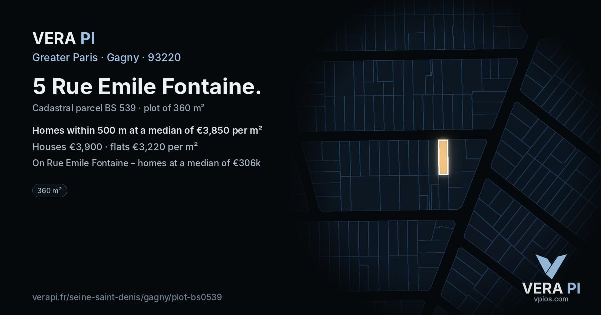 5 Rue Emile Fontaine, Gagny at night – the plot lit, the parcels around coloured by the prices near them