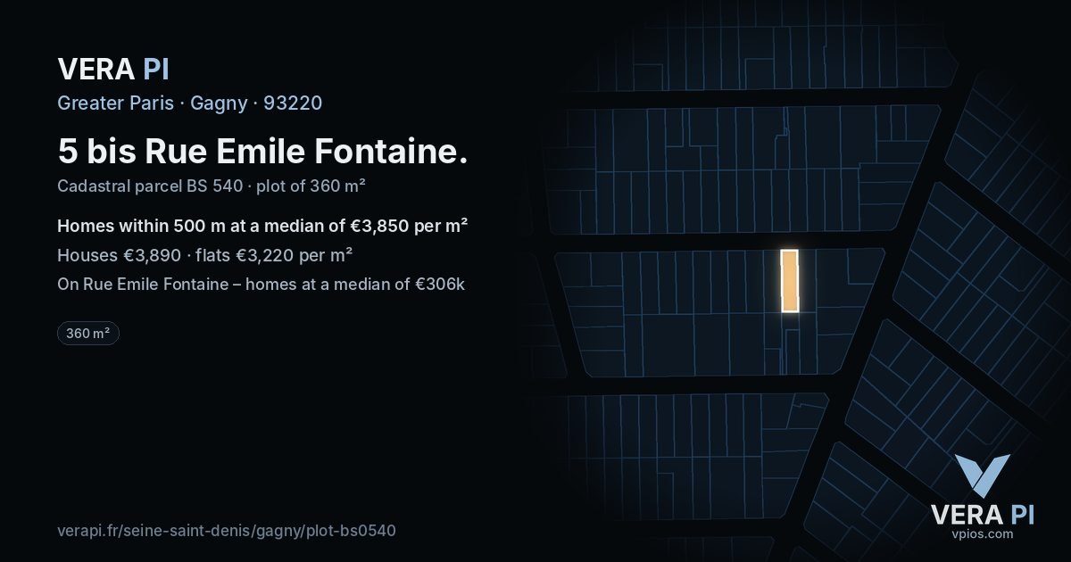 5 bis Rue Emile Fontaine, Gagny at night – the plot lit, the parcels around coloured by the prices near them