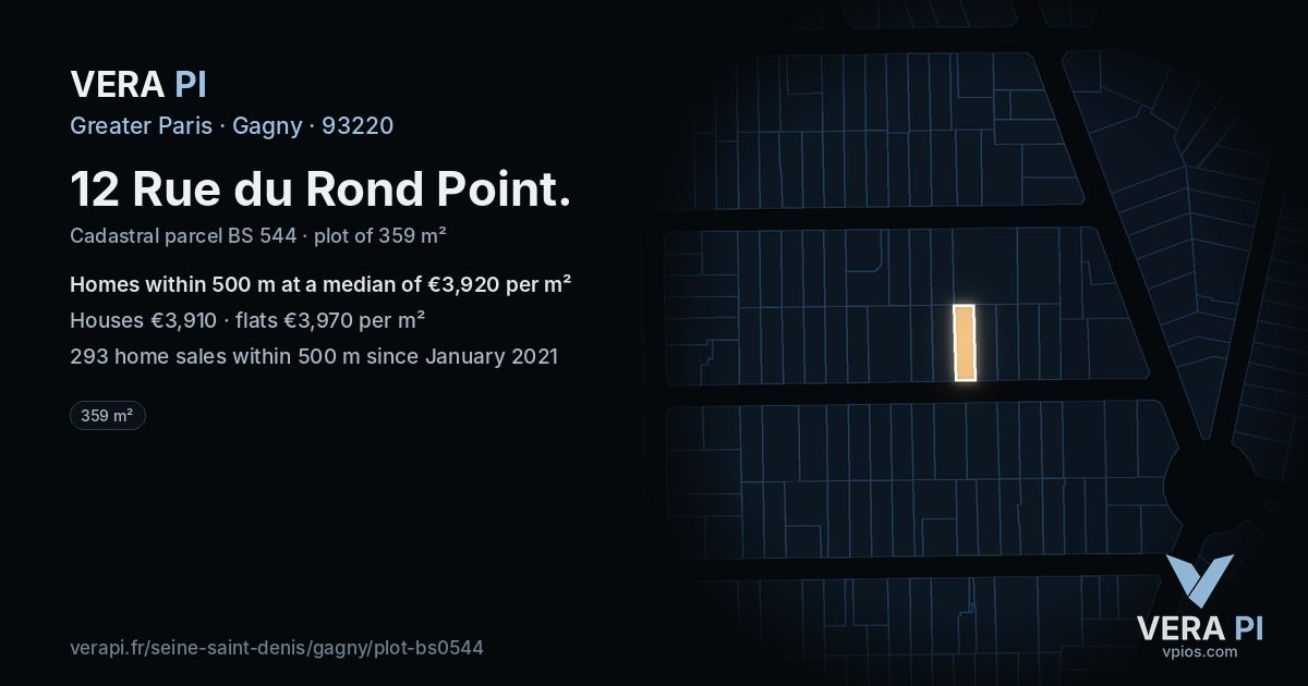 12 Rue du Rond Point, Gagny at night – the plot lit, the parcels around coloured by the prices near them