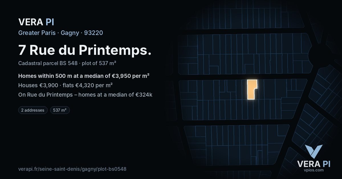 7 Rue du Printemps, Gagny at night – the plot lit, the parcels around coloured by the prices near them
