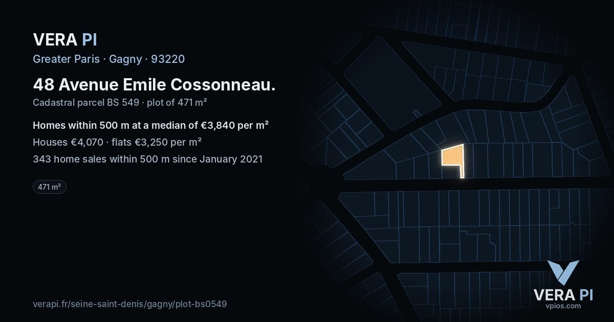 48 Avenue Emile Cossonneau, Gagny at night – the plot lit, the parcels around coloured by the prices near them