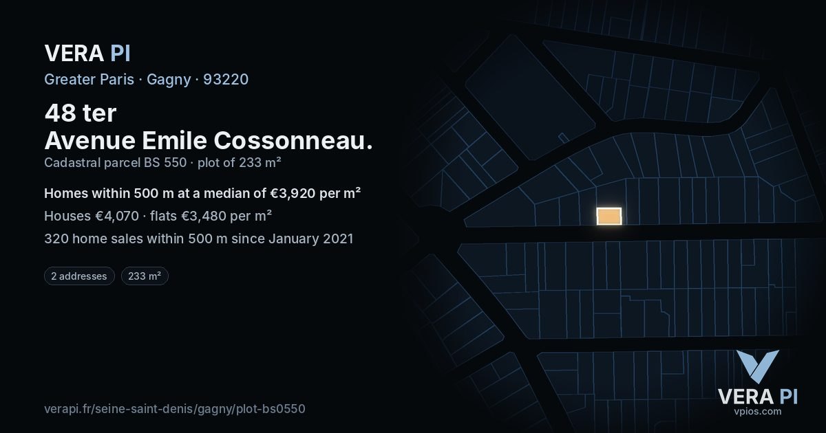 48 ter Avenue Emile Cossonneau, Gagny at night – the plot lit, the parcels around coloured by the prices near them