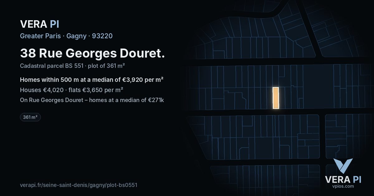 38 Rue Georges Douret, Gagny at night – the plot lit, the parcels around coloured by the prices near them