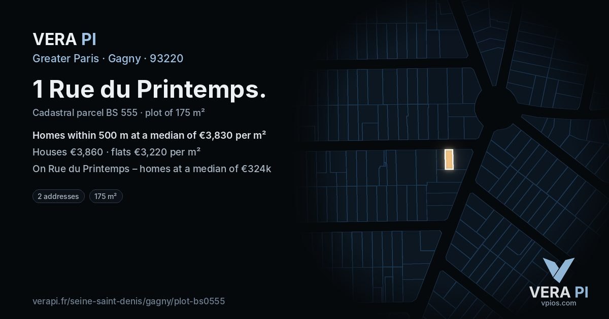 1 Rue du Printemps, Gagny at night – the plot lit, the parcels around coloured by the prices near them