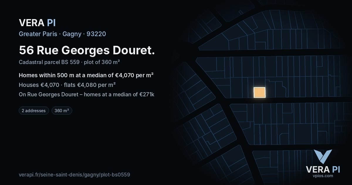 56 Rue Georges Douret, Gagny at night – the plot lit, the parcels around coloured by the prices near them