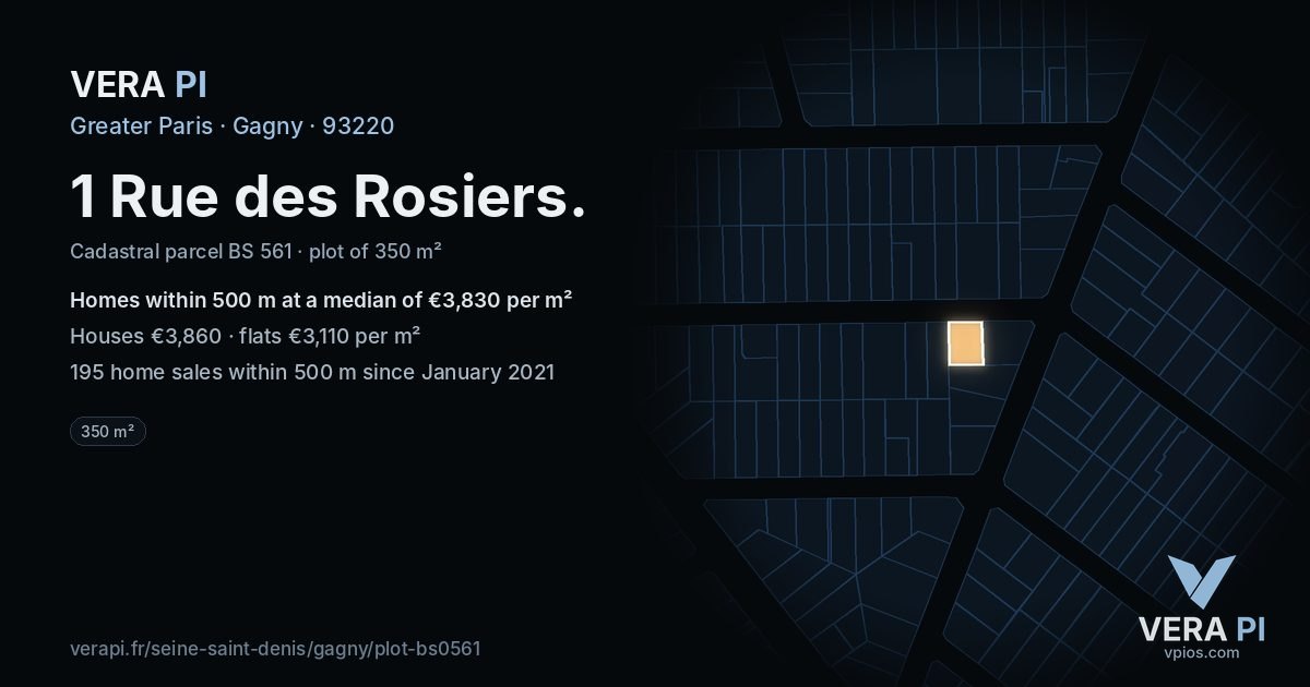 1 Rue des Rosiers, Gagny at night – the plot lit, the parcels around coloured by the prices near them