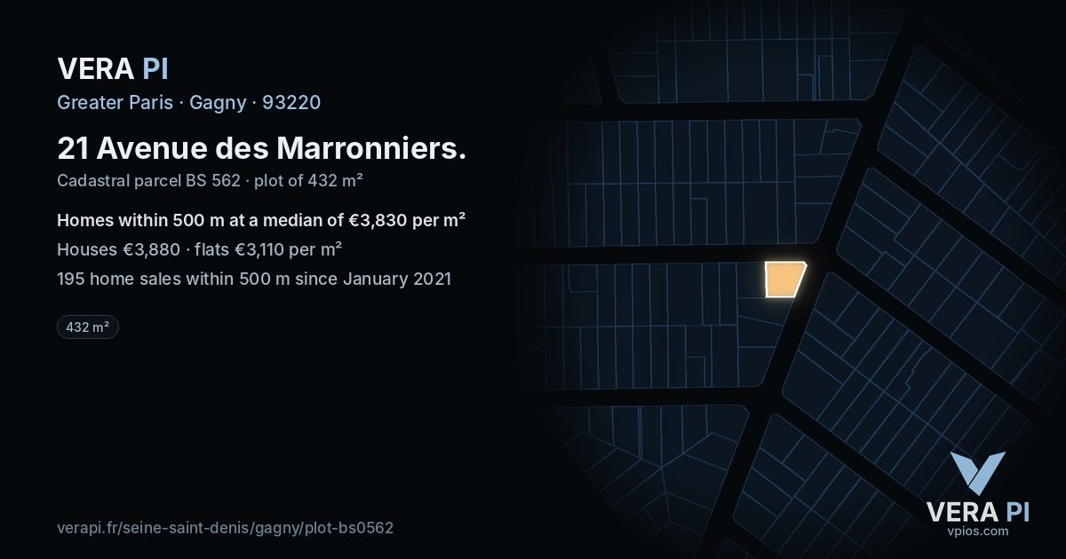 21 Avenue des Marronniers, Gagny at night – the plot lit, the parcels around coloured by the prices near them