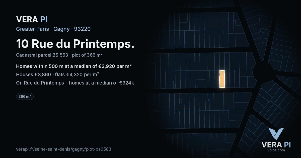 10 Rue du Printemps, Gagny at night – the plot lit, the parcels around coloured by the prices near them