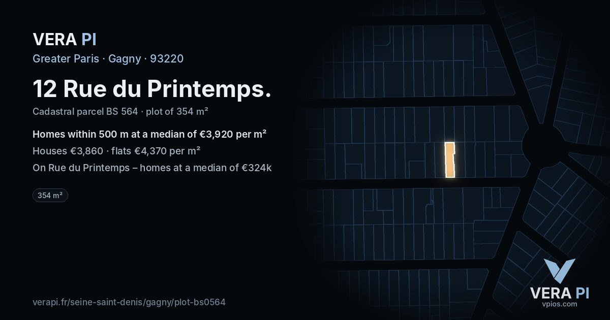 12 Rue du Printemps, Gagny at night – the plot lit, the parcels around coloured by the prices near them