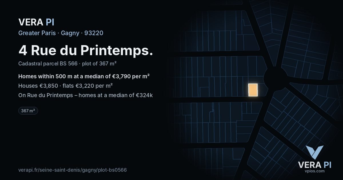 4 Rue du Printemps, Gagny at night – the plot lit, the parcels around coloured by the prices near them