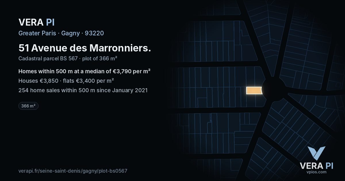 51 Avenue des Marronniers, Gagny at night – the plot lit, the parcels around coloured by the prices near them