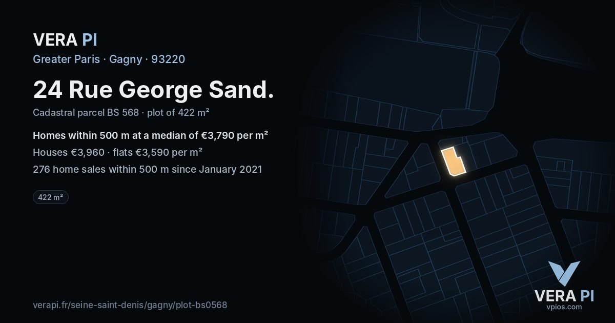 24 Rue George Sand, Gagny at night – the plot lit, the parcels around coloured by the prices near them