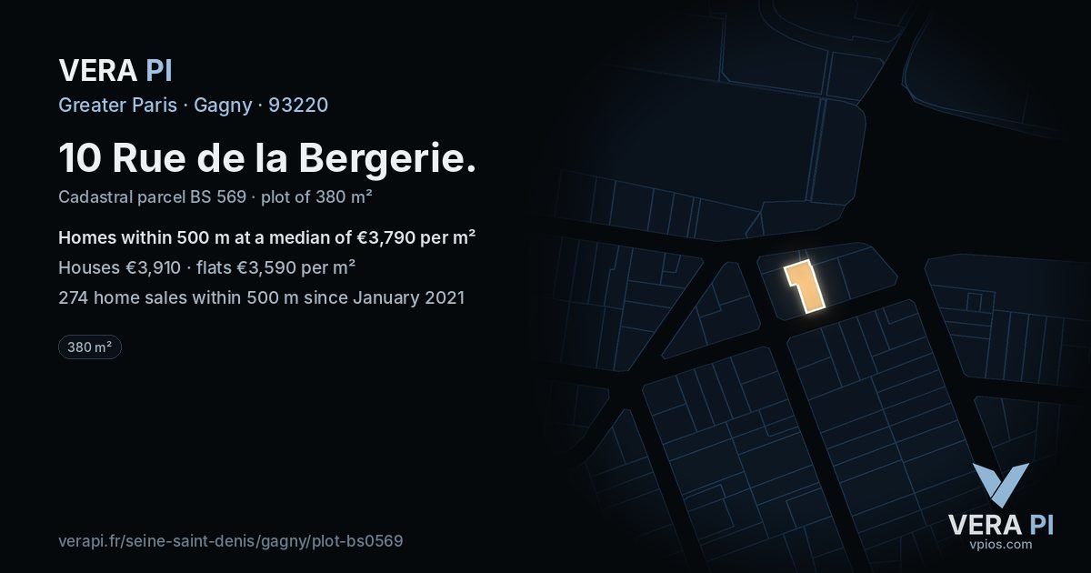 10 Rue de la Bergerie, Gagny at night – the plot lit, the parcels around coloured by the prices near them