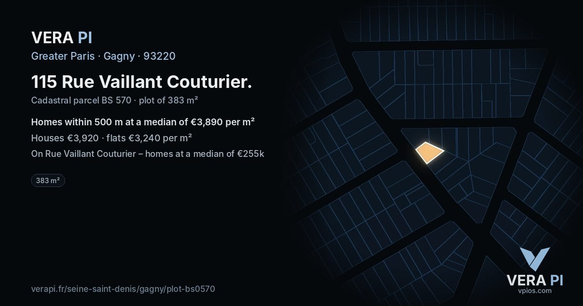 115 Rue Vaillant Couturier, Gagny at night – the plot lit, the parcels around coloured by the prices near them