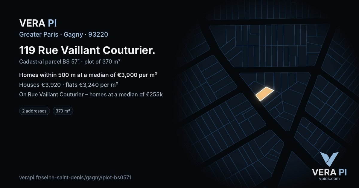 119 Rue Vaillant Couturier, Gagny at night – the plot lit, the parcels around coloured by the prices near them