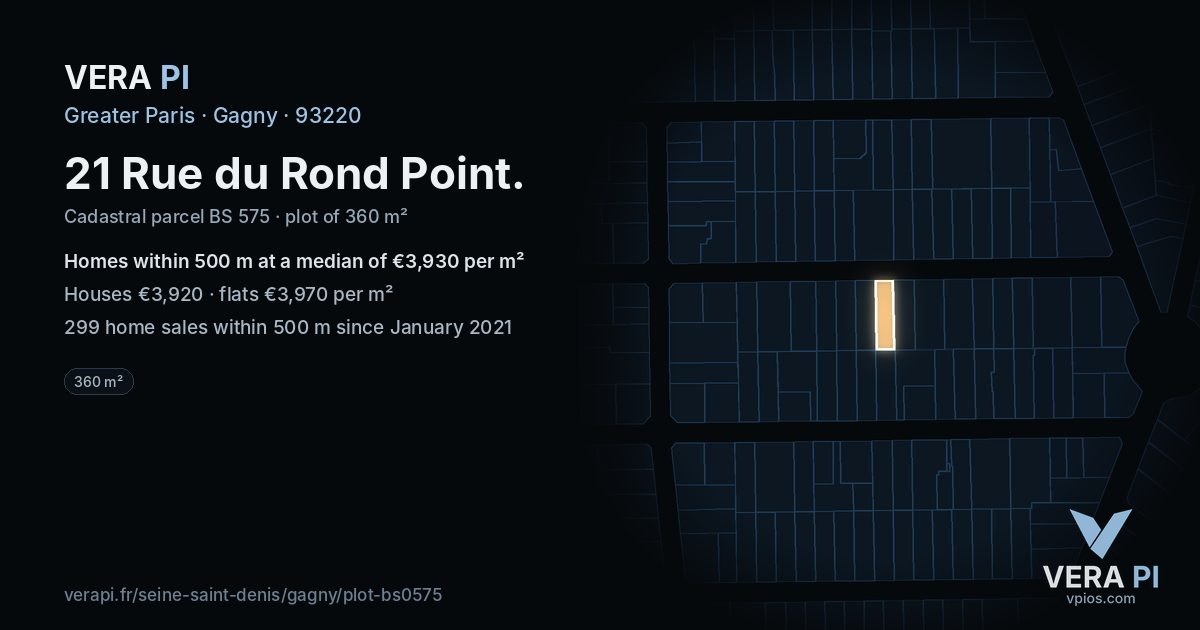 21 Rue du Rond Point, Gagny at night – the plot lit, the parcels around coloured by the prices near them