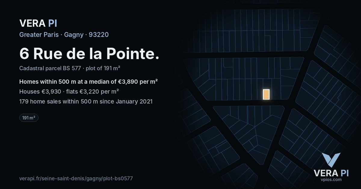 6 Rue de la Pointe, Gagny at night – the plot lit, the parcels around coloured by the prices near them