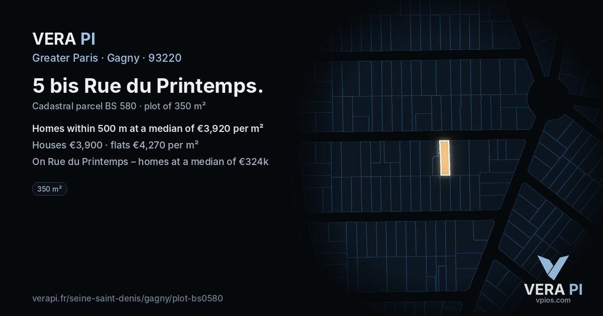 5 bis Rue du Printemps, Gagny at night – the plot lit, the parcels around coloured by the prices near them