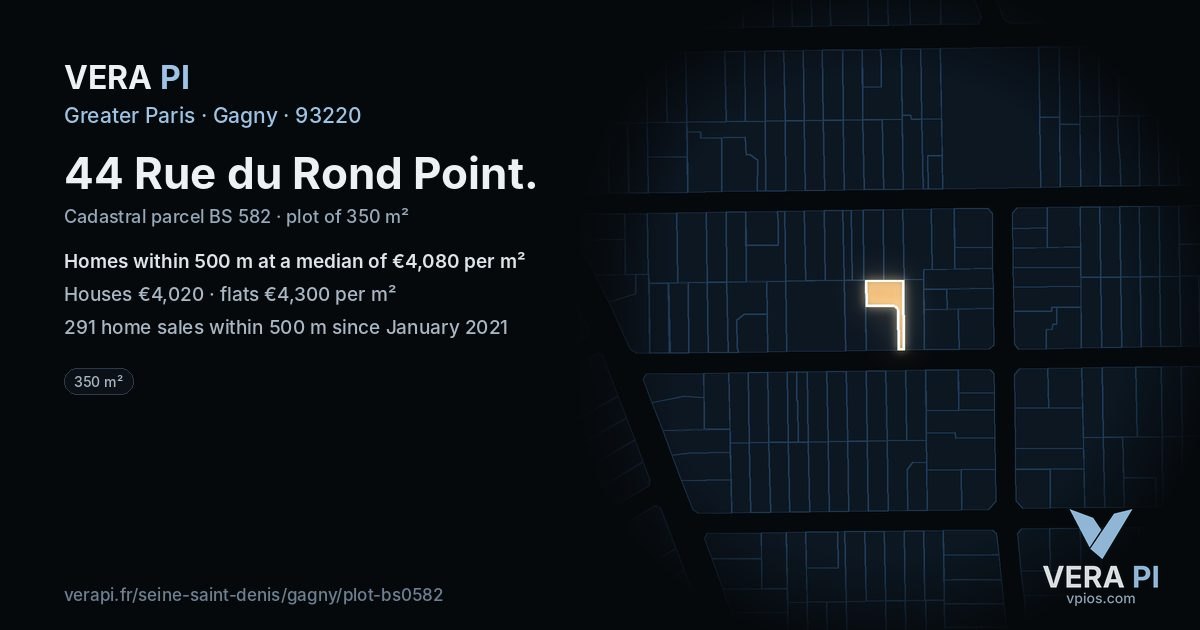 44 Rue du Rond Point, Gagny at night – the plot lit, the parcels around coloured by the prices near them