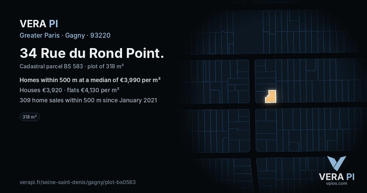 34 Rue du Rond Point, Gagny at night – the plot lit, the parcels around coloured by the prices near them