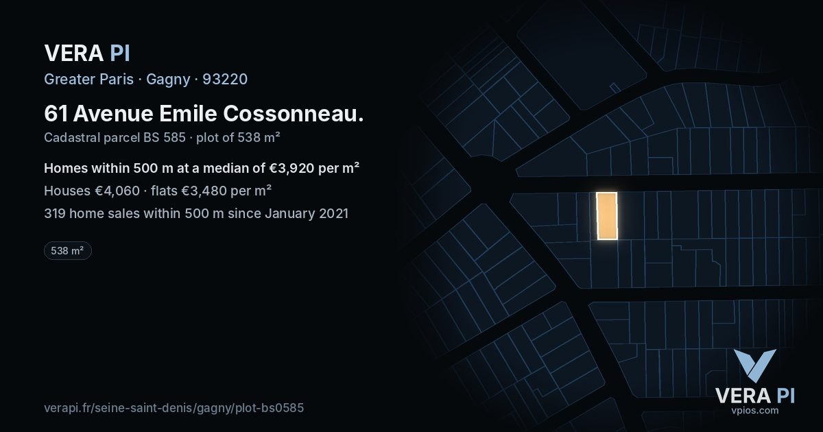 61 Avenue Emile Cossonneau, Gagny at night – the plot lit, the parcels around coloured by the prices near them