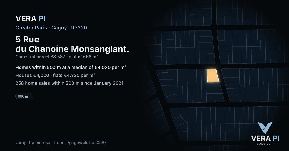 5 Rue du Chanoine Monsanglant, Gagny at night – the plot lit, the parcels around coloured by the prices near them