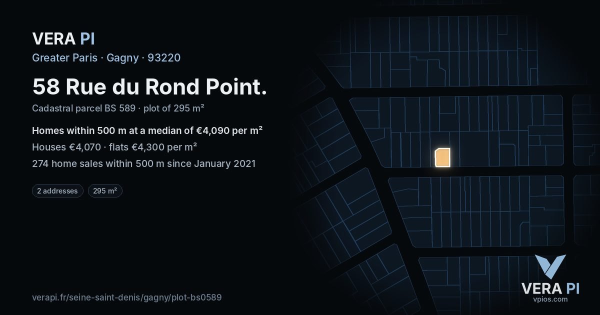 58 Rue du Rond Point, Gagny at night – the plot lit, the parcels around coloured by the prices near them