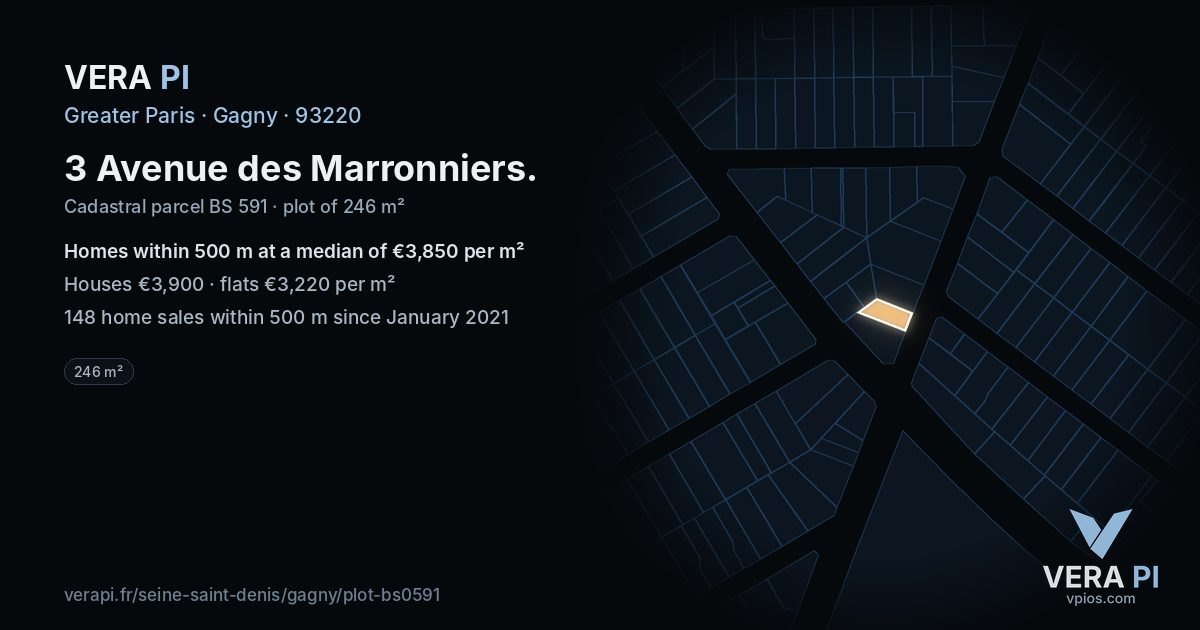 3 Avenue des Marronniers, Gagny at night – the plot lit, the parcels around coloured by the prices near them