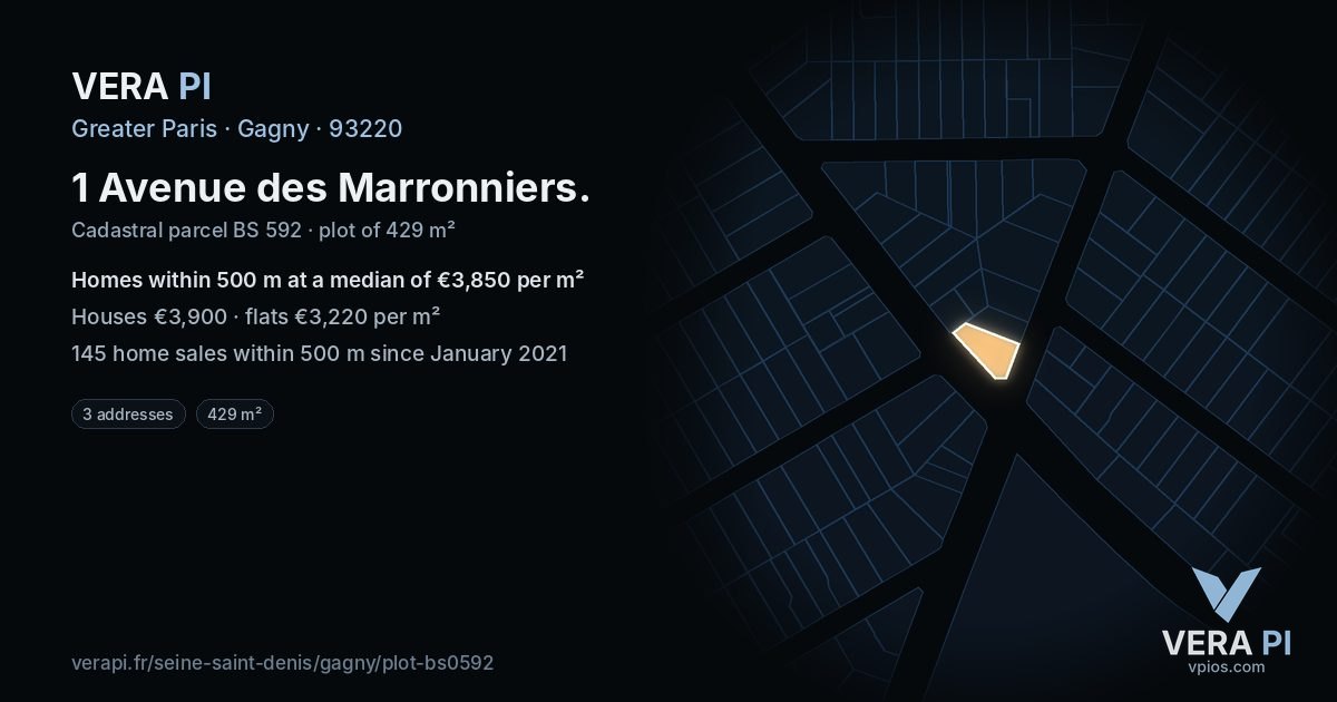1 Avenue des Marronniers, Gagny at night – the plot lit, the parcels around coloured by the prices near them