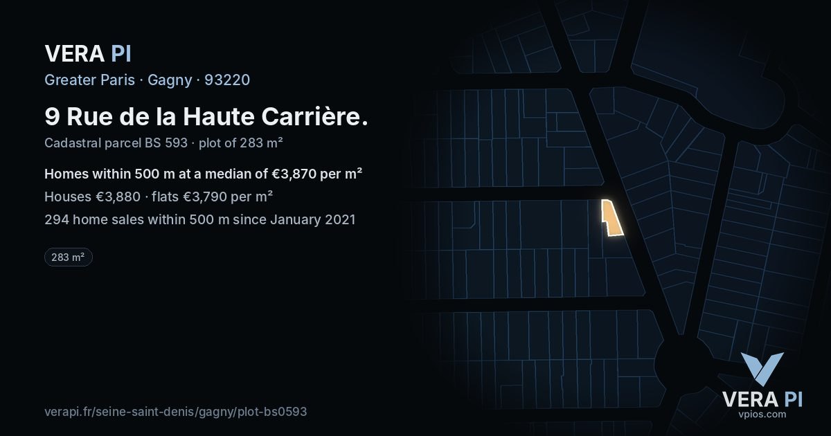 9 Rue de la Haute Carrière, Gagny at night – the plot lit, the parcels around coloured by the prices near them