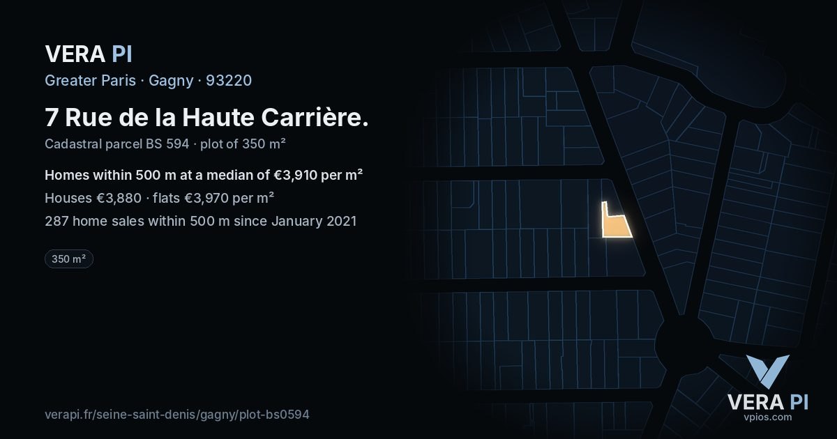 7 Rue de la Haute Carrière, Gagny at night – the plot lit, the parcels around coloured by the prices near them