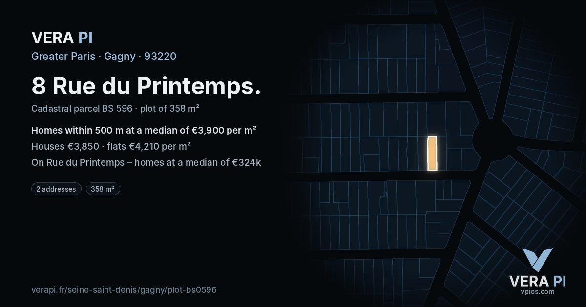 8 Rue du Printemps, Gagny at night – the plot lit, the parcels around coloured by the prices near them