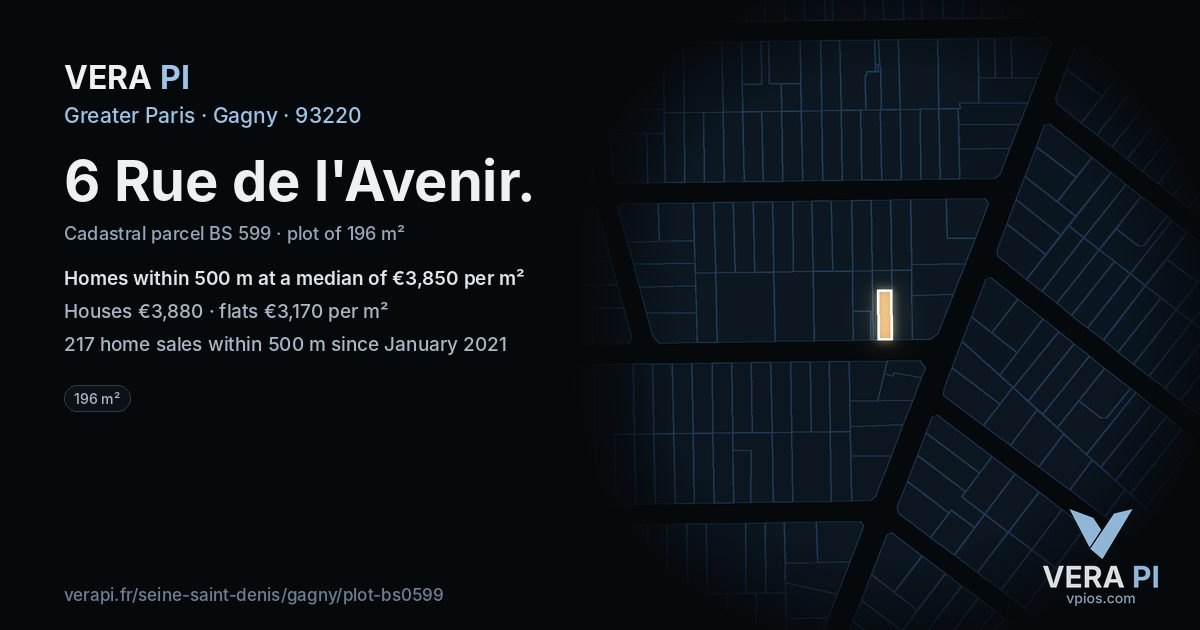 6 Rue de l'Avenir, Gagny at night – the plot lit, the parcels around coloured by the prices near them