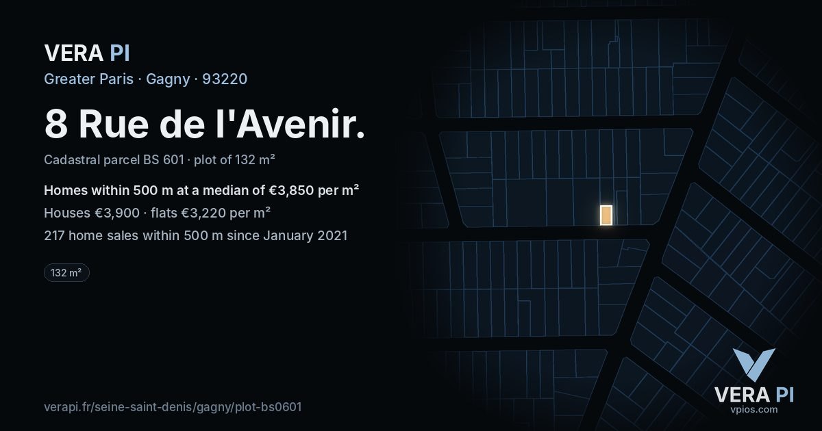 8 Rue de l'Avenir, Gagny at night – the plot lit, the parcels around coloured by the prices near them