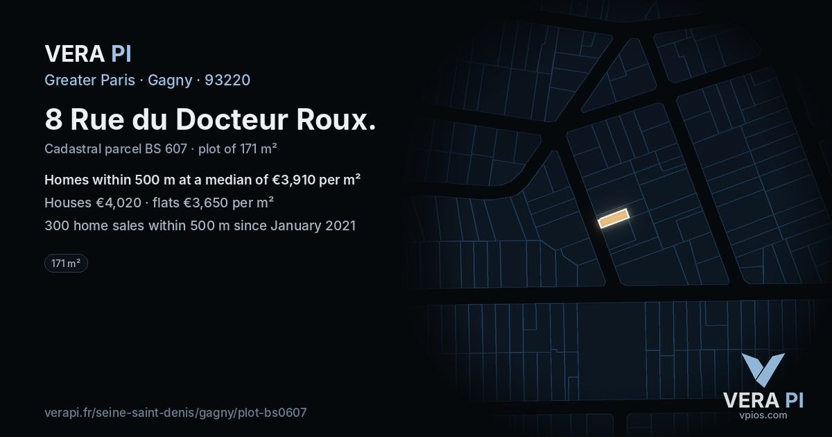 8 Rue du Docteur Roux, Gagny at night – the plot lit, the parcels around coloured by the prices near them