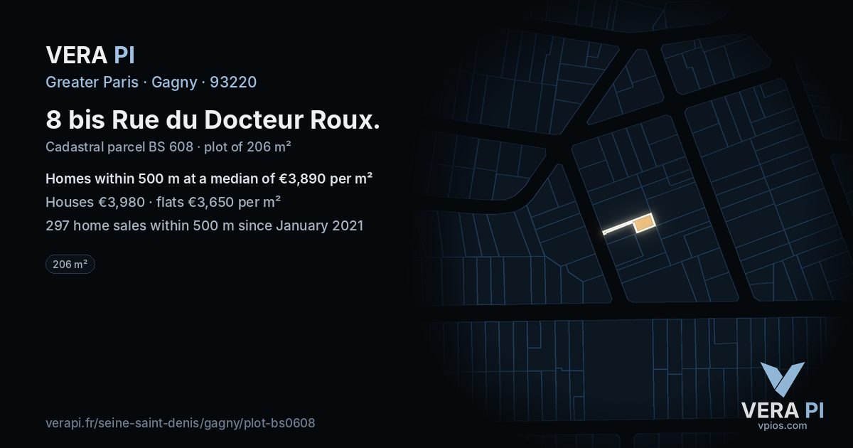 8 bis Rue du Docteur Roux, Gagny at night – the plot lit, the parcels around coloured by the prices near them