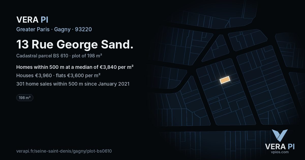 13 Rue George Sand, Gagny at night – the plot lit, the parcels around coloured by the prices near them