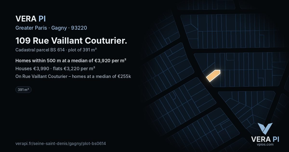 109 Rue Vaillant Couturier, Gagny at night – the plot lit, the parcels around coloured by the prices near them