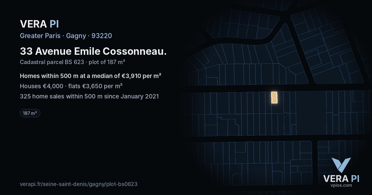 33 Avenue Emile Cossonneau, Gagny at night – the plot lit, the parcels around coloured by the prices near them