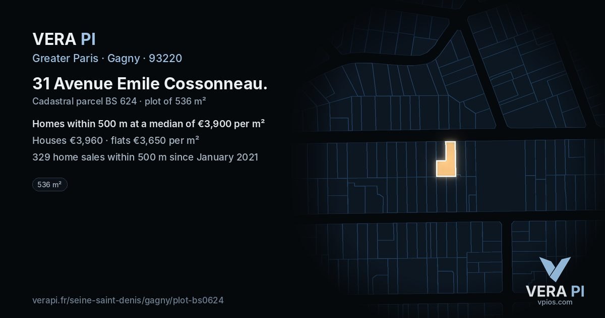 31 Avenue Emile Cossonneau, Gagny at night – the plot lit, the parcels around coloured by the prices near them