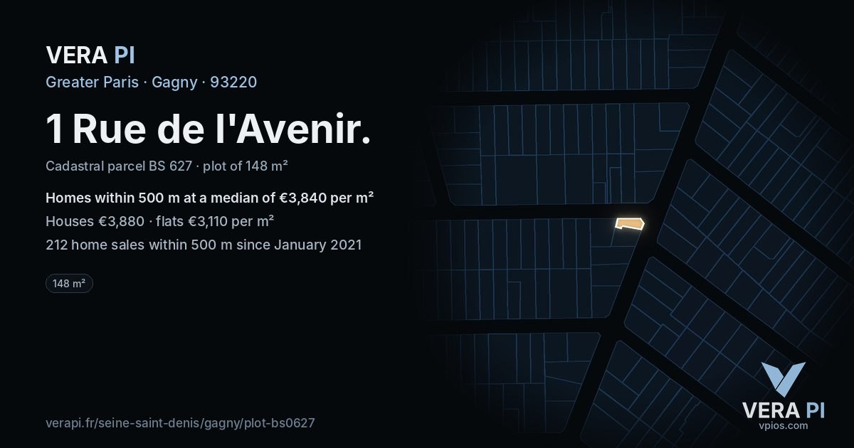1 Rue de l'Avenir, Gagny at night – the plot lit, the parcels around coloured by the prices near them