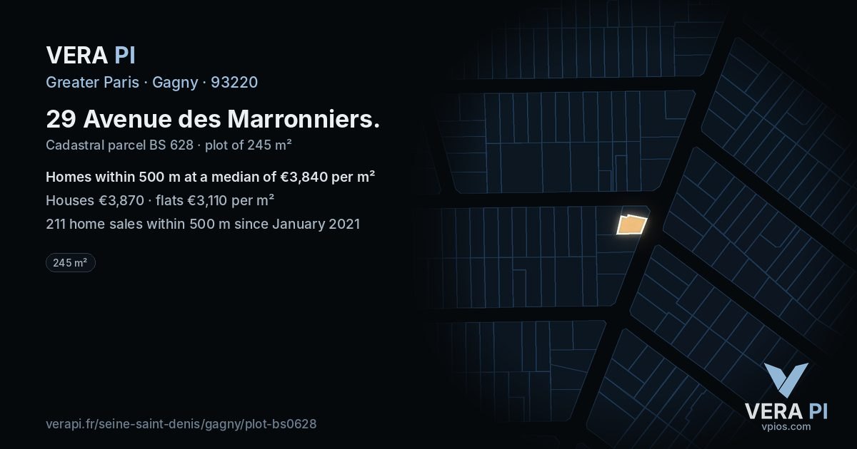 29 Avenue des Marronniers, Gagny at night – the plot lit, the parcels around coloured by the prices near them