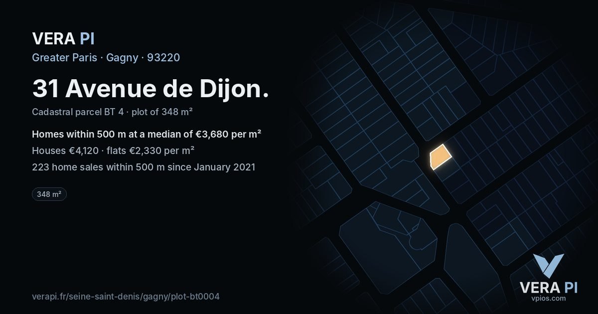 31 Avenue de Dijon, Gagny at night – the plot lit, the parcels around coloured by the prices near them