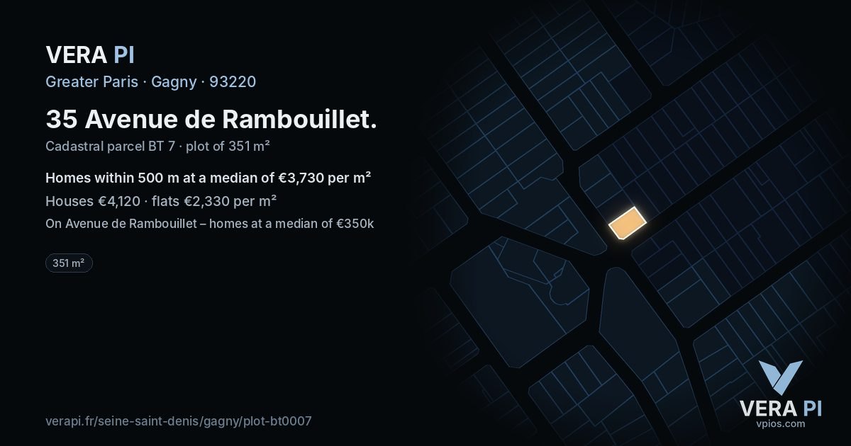 35 Avenue de Rambouillet, Gagny at night – the plot lit, the parcels around coloured by the prices near them