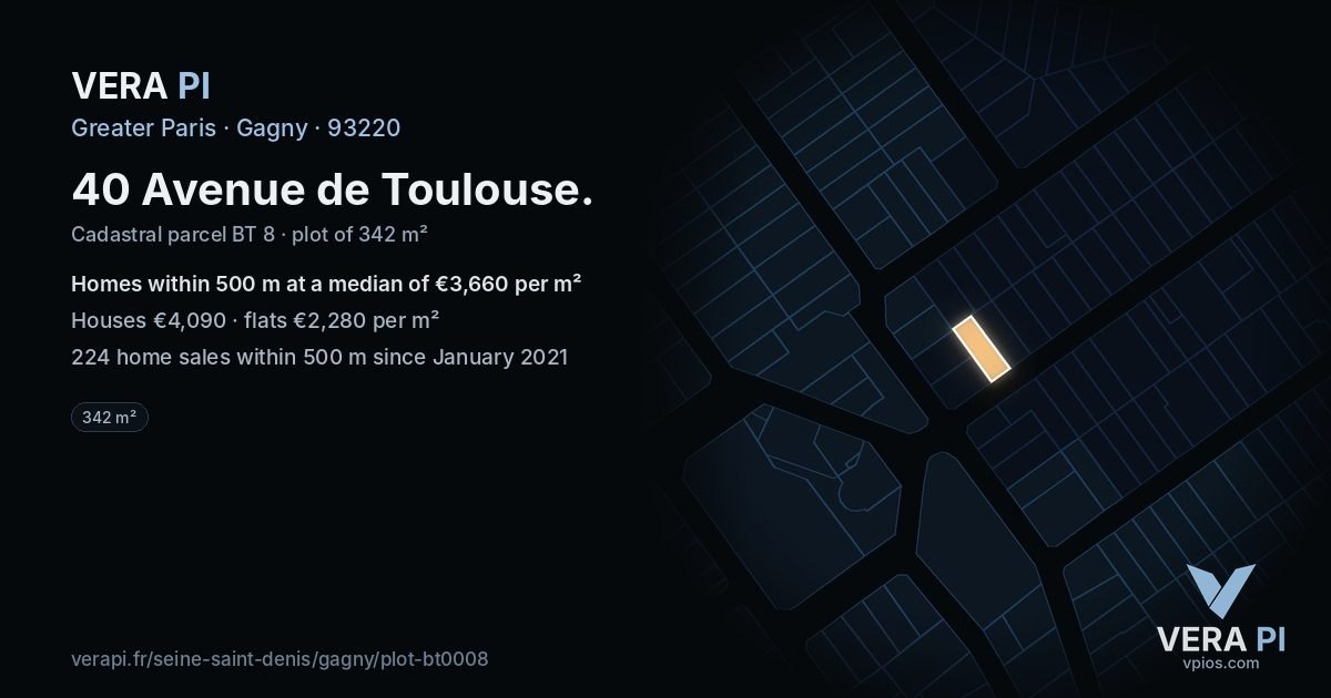 40 Avenue de Toulouse, Gagny at night – the plot lit, the parcels around coloured by the prices near them